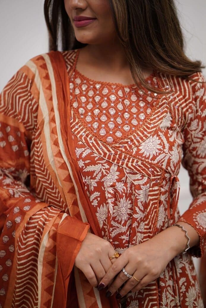 Printed Floral Cotton Anarkali Gown Suit – Bollywood Style Ethnic Wedding Dress - 001FASHIONFORWARD