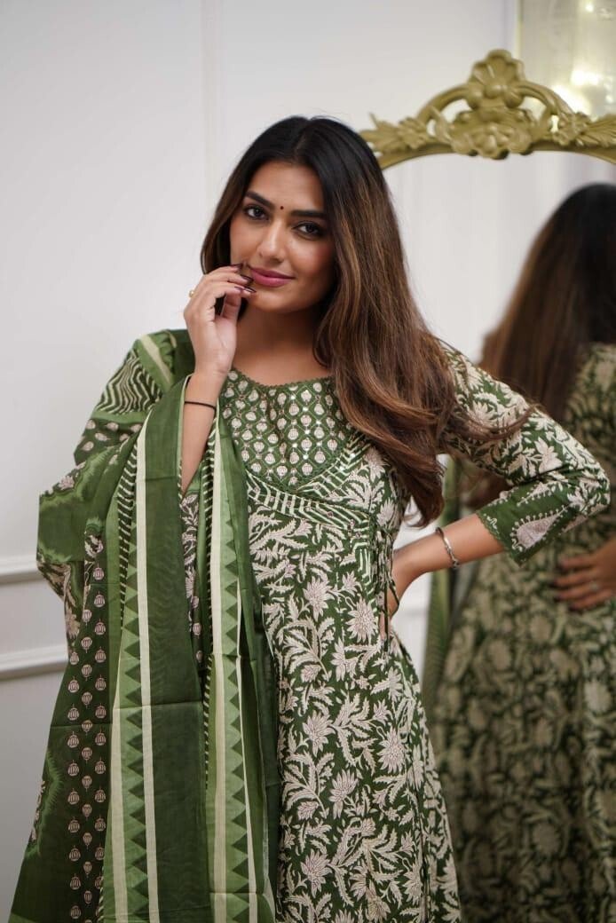 Printed Floral Cotton Anarkali Gown Suit – Bollywood Style Ethnic Wedding Dress - 001FASHIONFORWARD