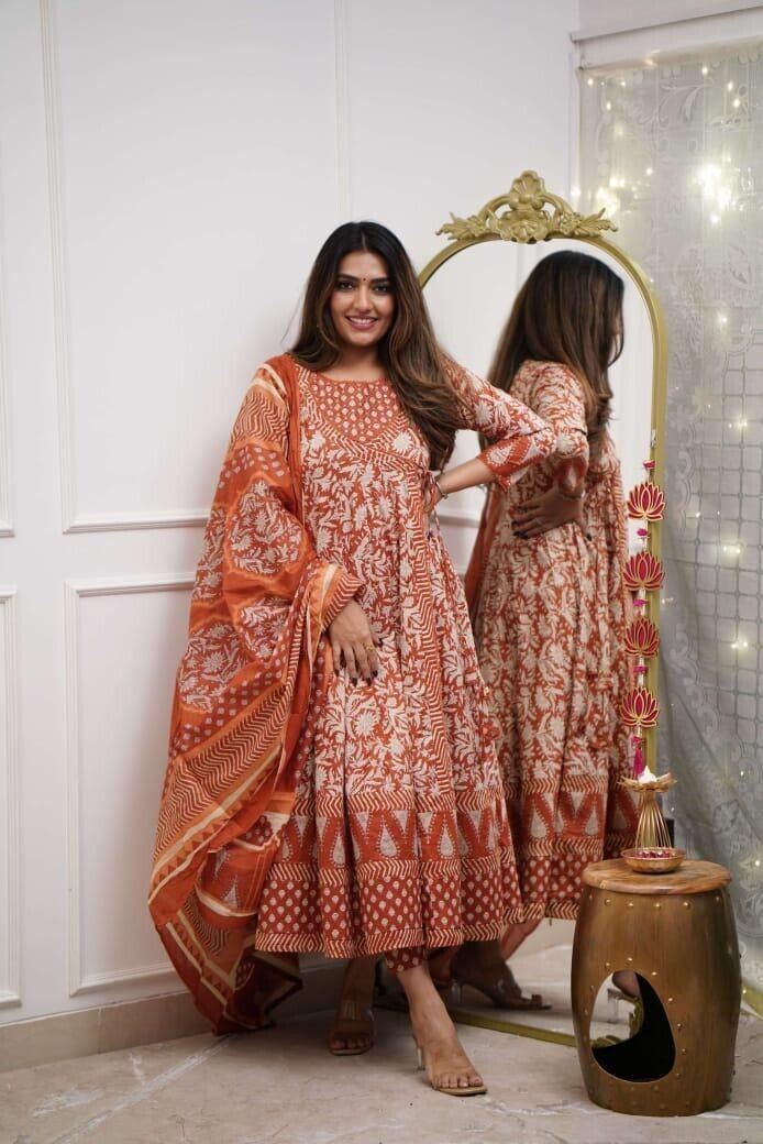Printed Floral Cotton Anarkali Gown Suit – Bollywood Style Ethnic Wedding Dress - 001FASHIONFORWARD