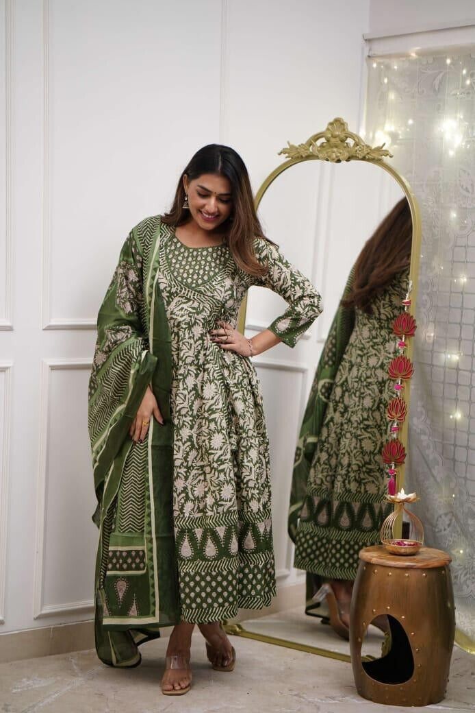 Printed Floral Cotton Anarkali Gown Suit – Bollywood Style Ethnic Wedding Dress - 001FASHIONFORWARD