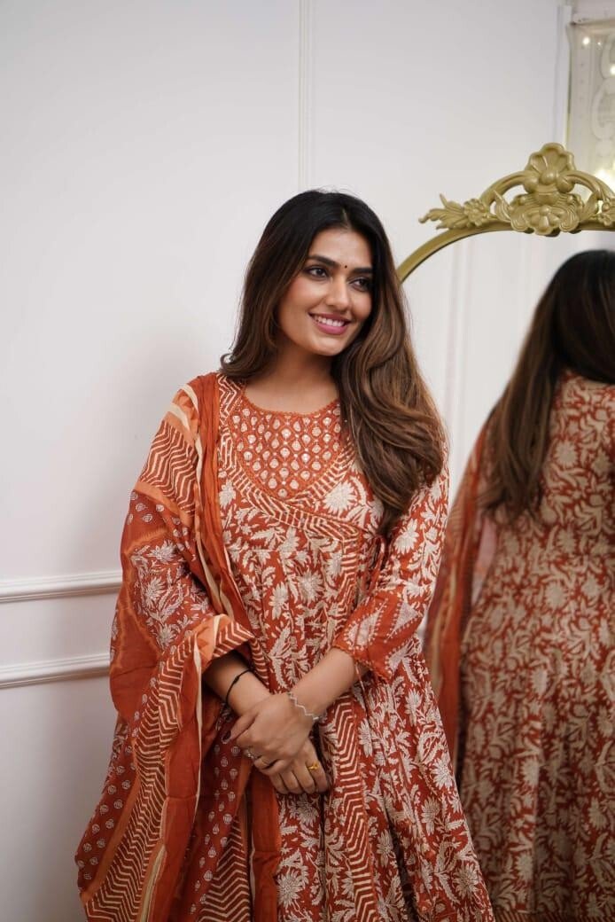 Printed Floral Cotton Anarkali Gown Suit – Bollywood Style Ethnic Wedding Dress - 001FASHIONFORWARD