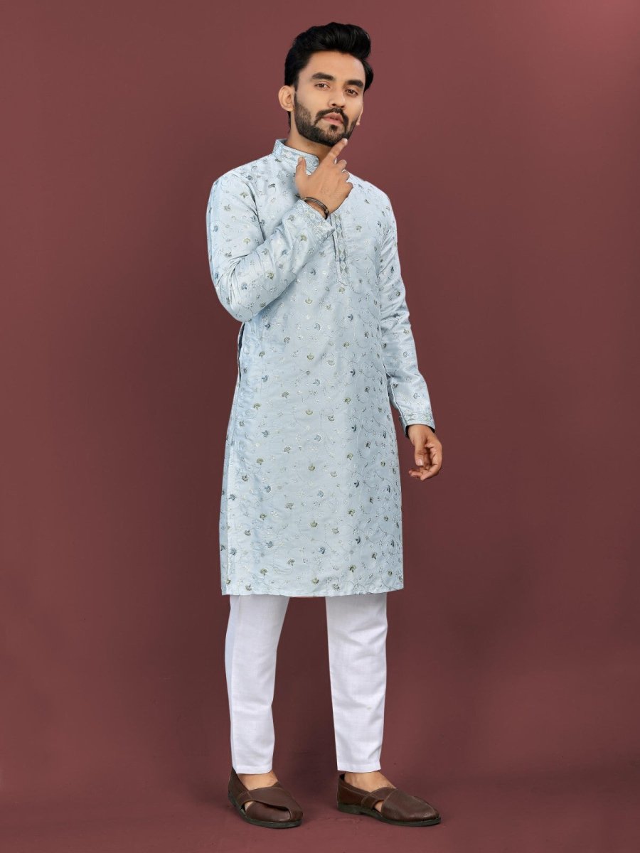 Punjabi Kurta Pajama for Man Indian Lucknowi Long Kurta for Wedding Party Wear - 001FASHIONFORWARD