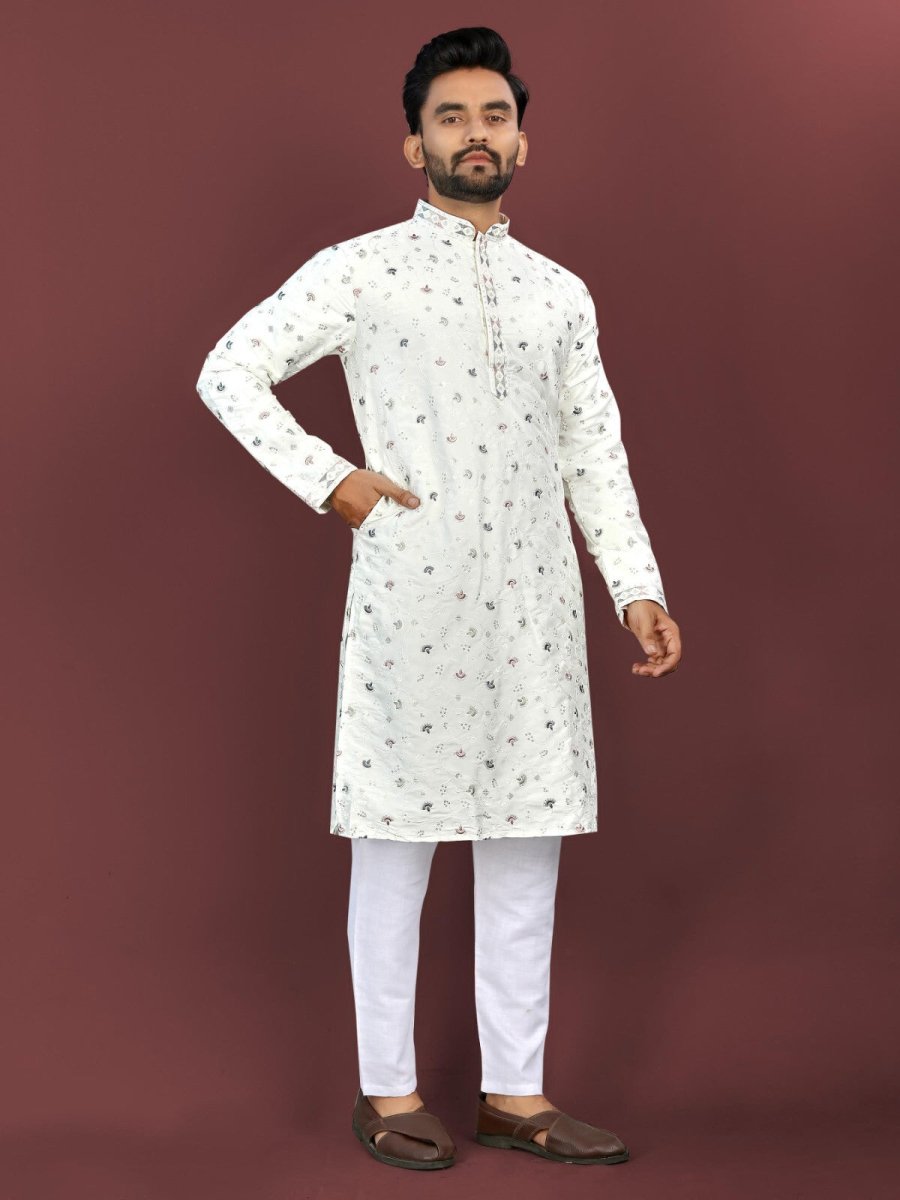 Punjabi Kurta Pajama for Man Indian Lucknowi Long Kurta for Wedding Party Wear - 001FASHIONFORWARD