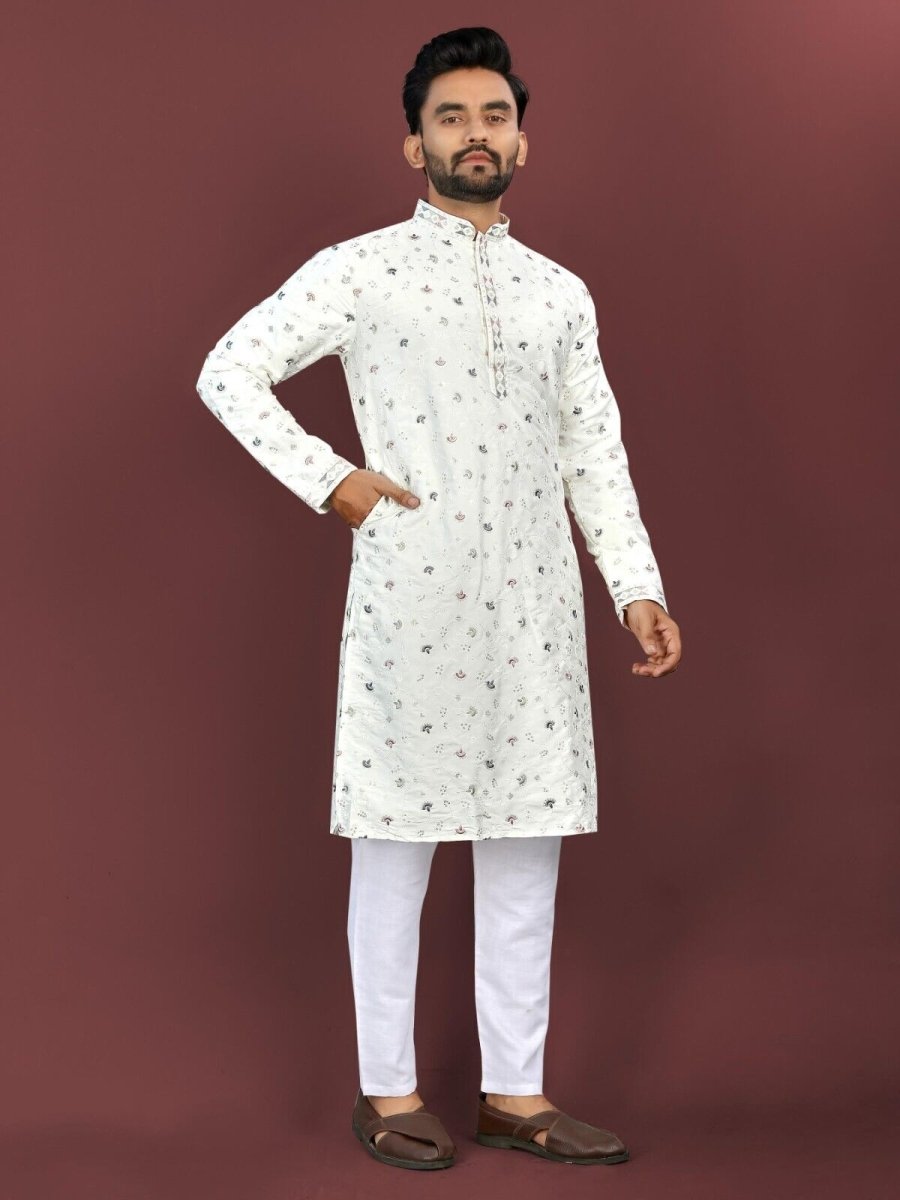 Punjabi Kurta Pajama for Man Indian Lucknowi Long Kurta for Wedding Party Wear - 001FASHIONFORWARD