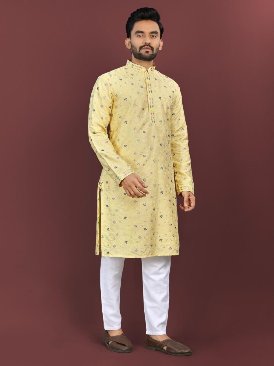 Punjabi Kurta Pajama for Man Indian Lucknowi Long Kurta for Wedding Party Wear - 001FASHIONFORWARD