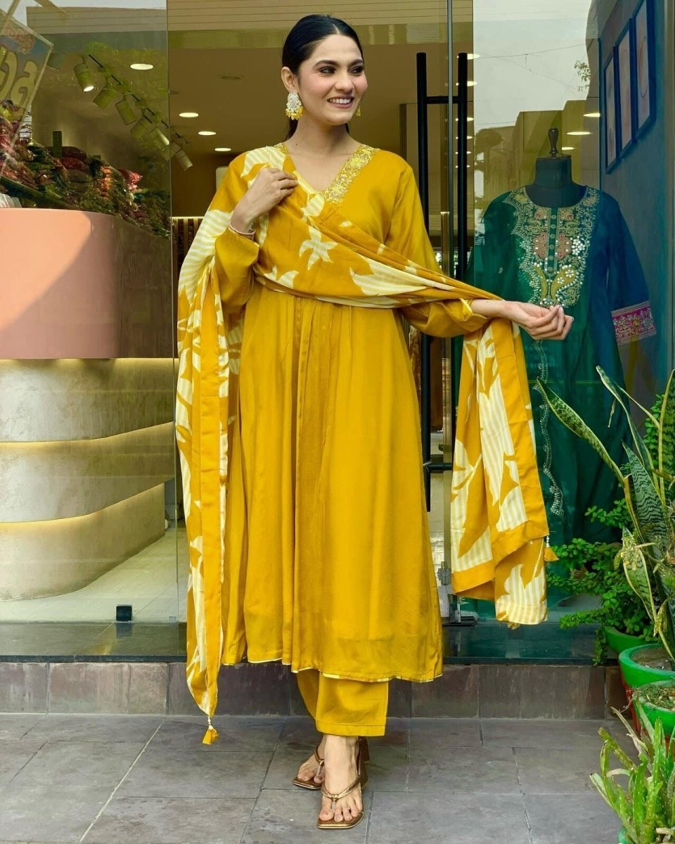 Pure Chinnon Silk Anarkali Gown Set with Heavy Embroidery & Dupatta – Ready - 001FASHIONFORWARD