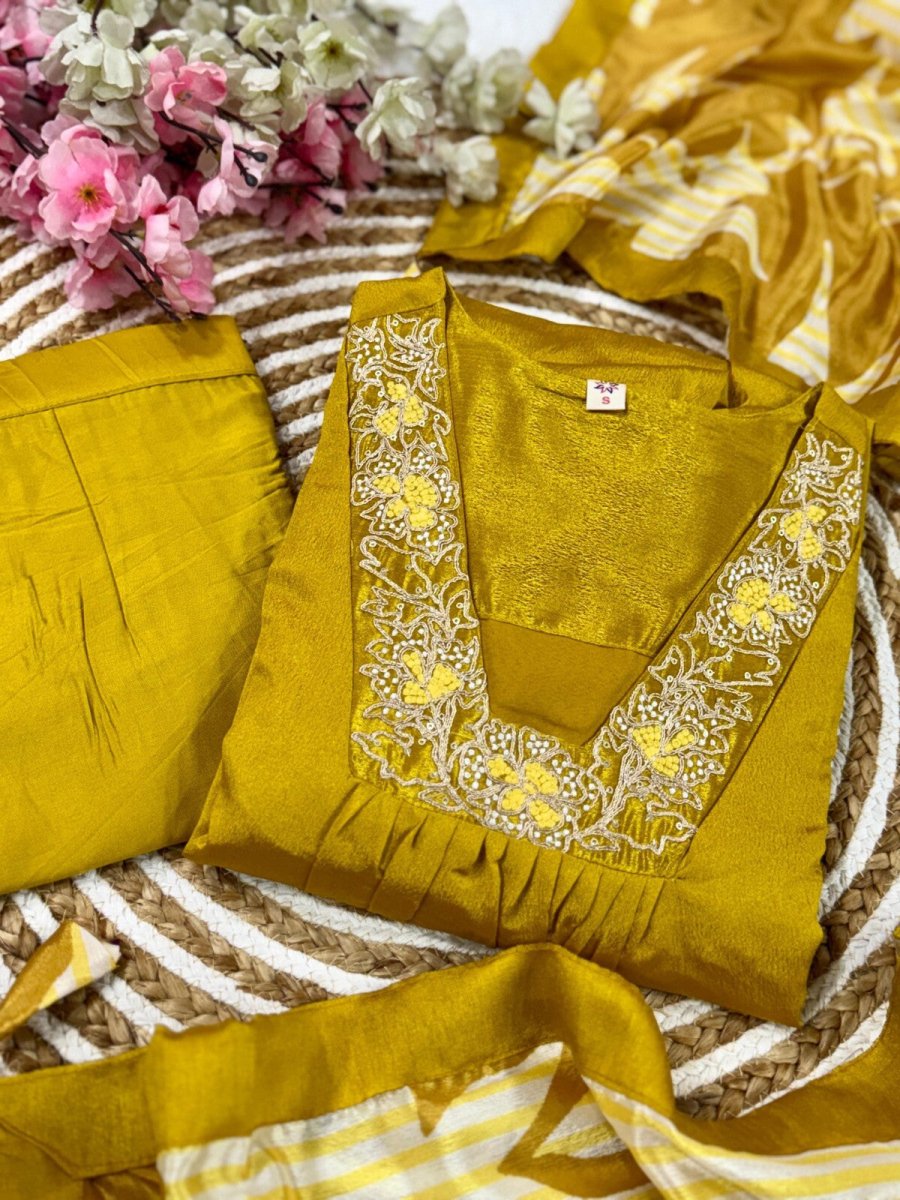 Pure Chinnon Silk Anarkali Gown Set with Heavy Embroidery & Dupatta – Ready - 001FASHIONFORWARD