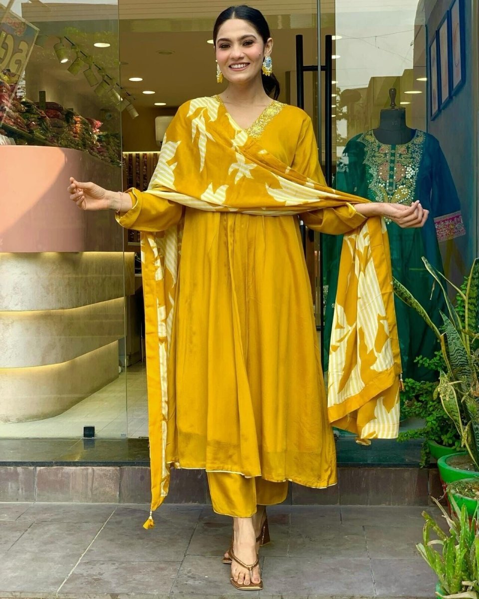 Pure Chinnon Silk Anarkali Gown Set with Heavy Embroidery & Dupatta – Ready - 001FASHIONFORWARD