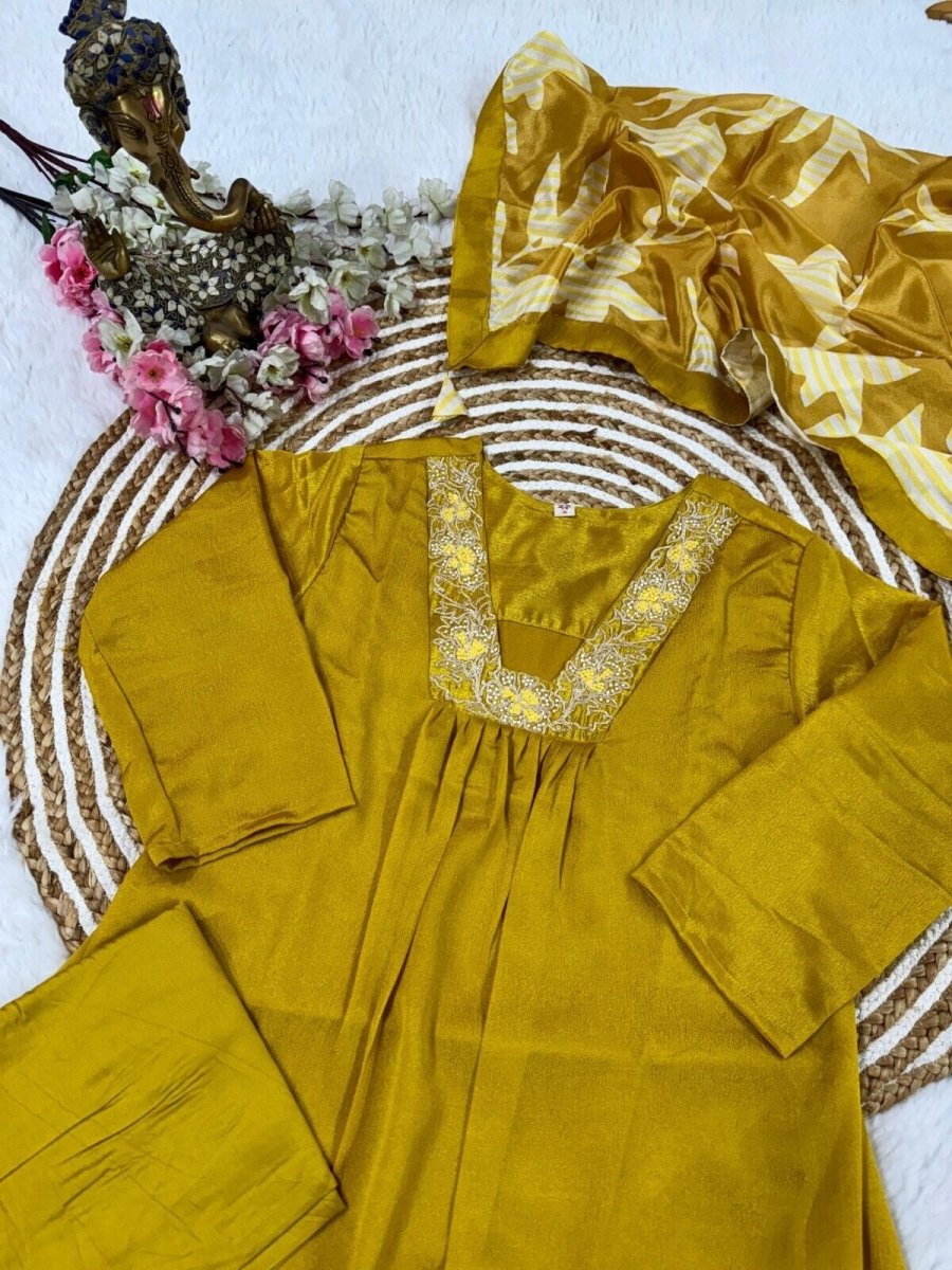 Pure Chinnon Silk Anarkali Gown Set with Heavy Embroidery & Dupatta – Ready - 001FASHIONFORWARD