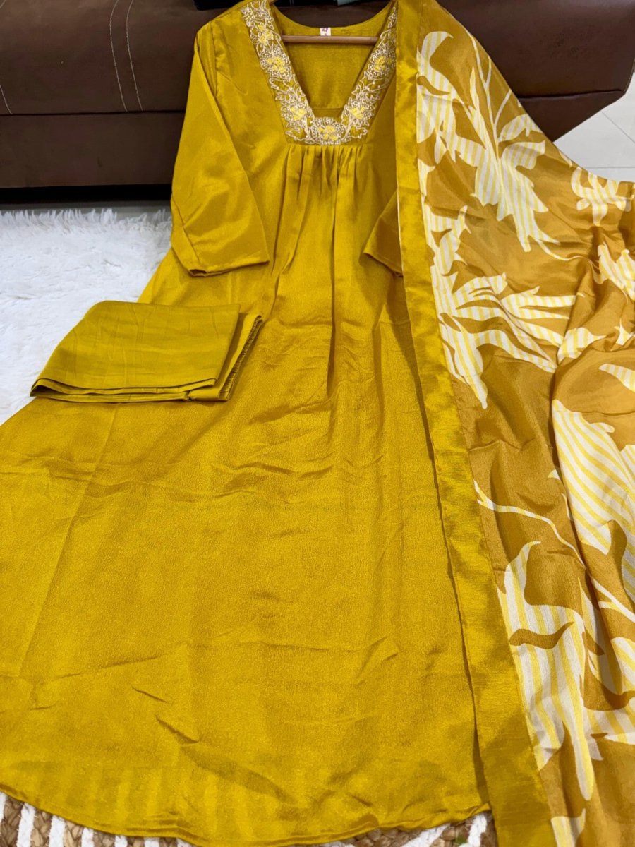 Pure Chinnon Silk Anarkali Gown Set with Heavy Embroidery & Dupatta – Ready - 001FASHIONFORWARD