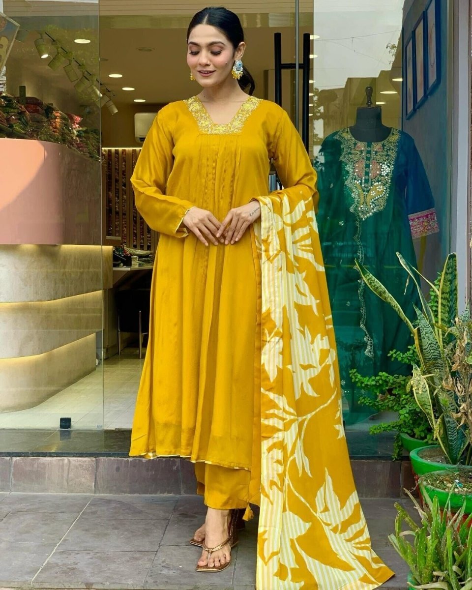 Pure Chinnon Silk Anarkali Gown Set with Heavy Embroidery & Dupatta – Ready - 001FASHIONFORWARD