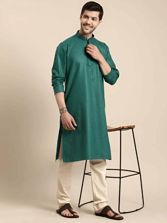 Pure Cotton Green Men’s Shirt Long Kurta Party Wear Solid Eid Special - 001FASHIONFORWARD