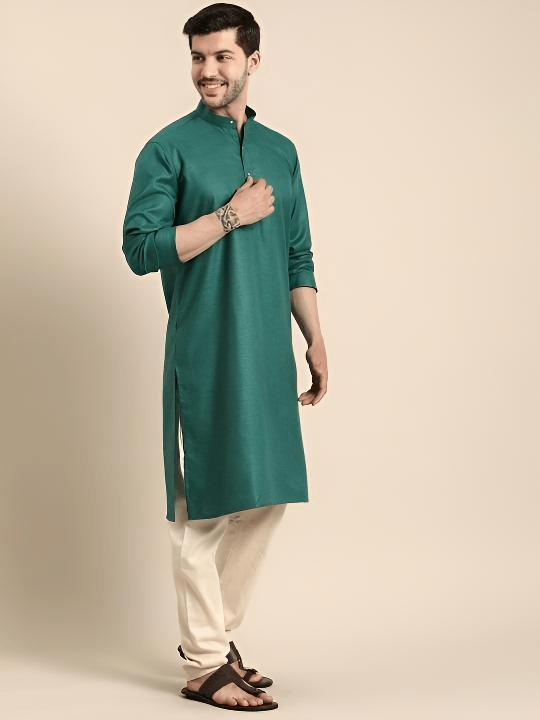 Pure Cotton Green Men’s Shirt Long Kurta Party Wear Solid Eid Special - 001FASHIONFORWARD