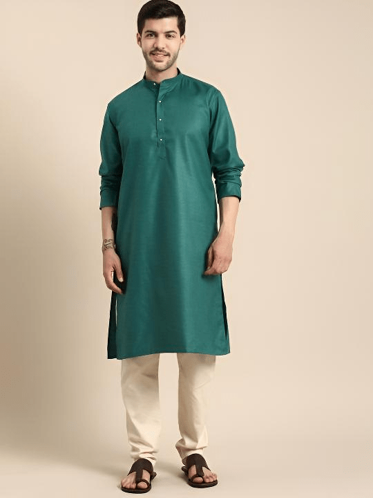 Pure Cotton Green Men’s Shirt Long Kurta Party Wear Solid Eid Special - 001FASHIONFORWARD