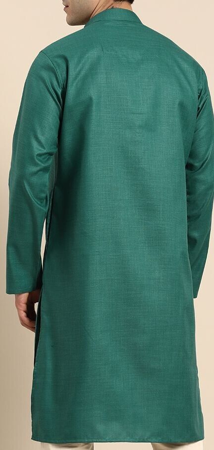 Pure Cotton Green Men’s Shirt Long Kurta Party Wear Solid Eid Special - 001FASHIONFORWARD