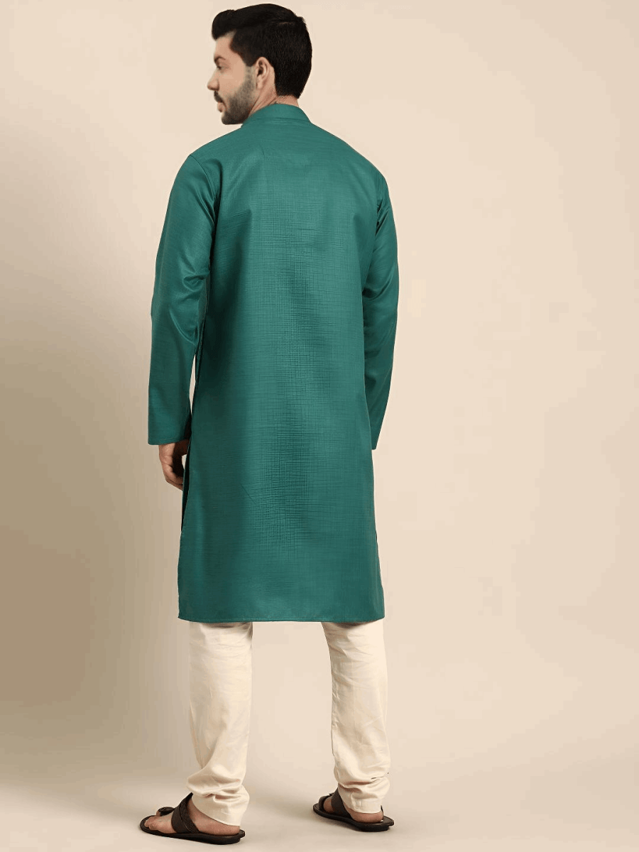 Pure Cotton Green Men’s Shirt Long Kurta Party Wear Solid Eid Special - 001FASHIONFORWARD