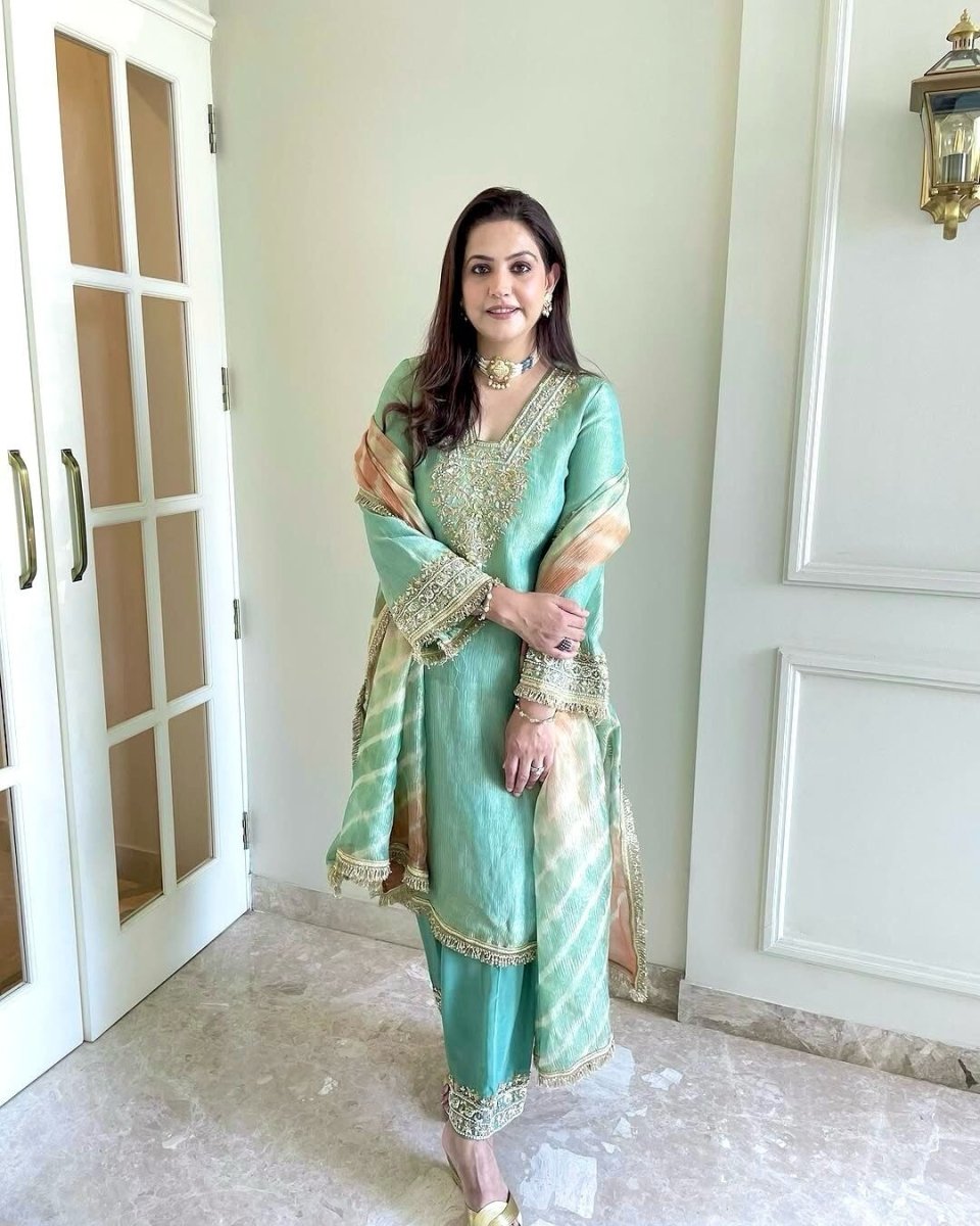 Pure Crunchy Silk Embroidered Party Wear Suit with Sharara & Dupatta - 001FASHIONFORWARD