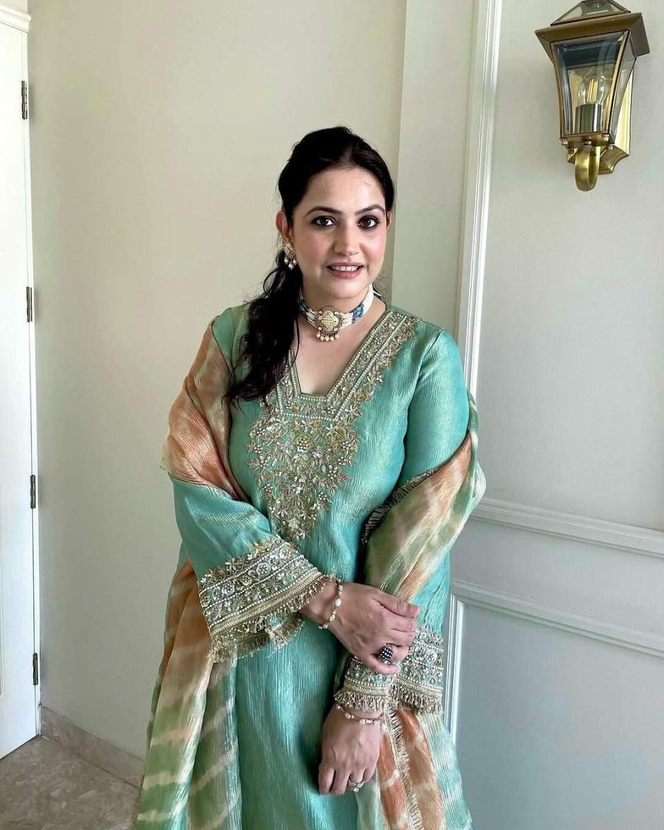 Pure Crunchy Silk Embroidered Party Wear Suit with Sharara & Dupatta - 001FASHIONFORWARD