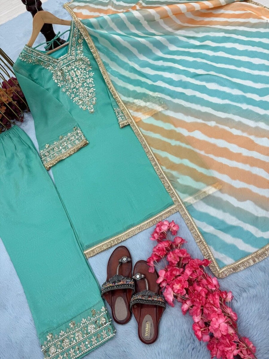 Pure Crunchy Silk Embroidered Party Wear Suit with Sharara & Dupatta - 001FASHIONFORWARD