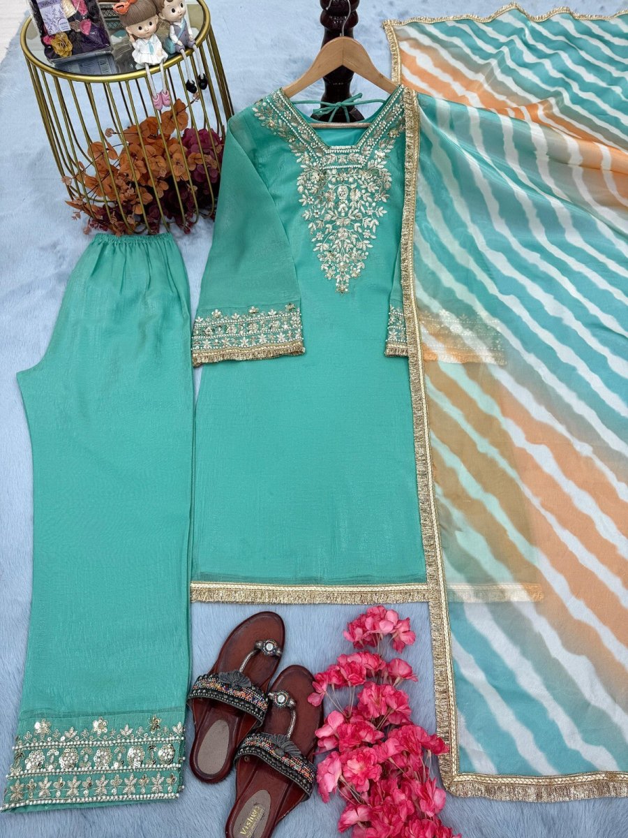 Pure Crunchy Silk Embroidered Party Wear Suit with Sharara & Dupatta - 001FASHIONFORWARD