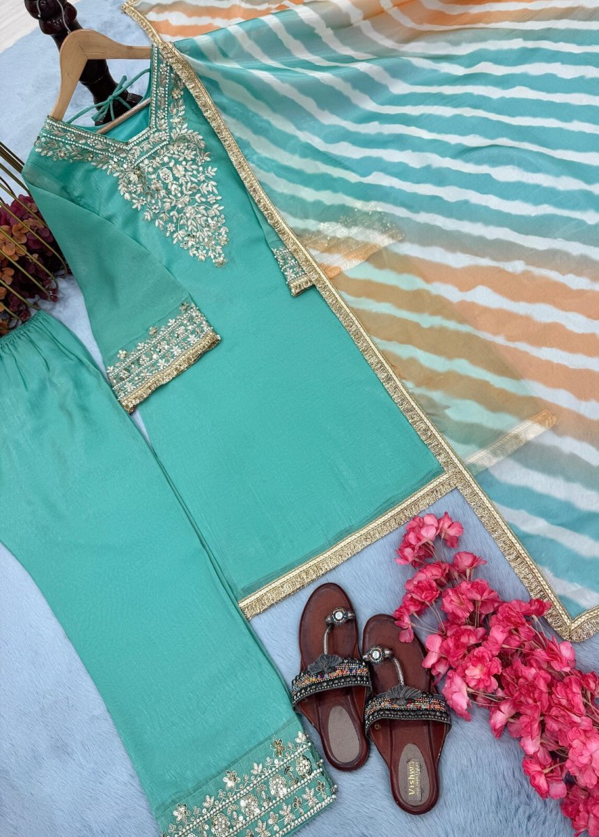 Pure Crunchy Silk Embroidered Party Wear Suit with Sharara & Dupatta - 001FASHIONFORWARD