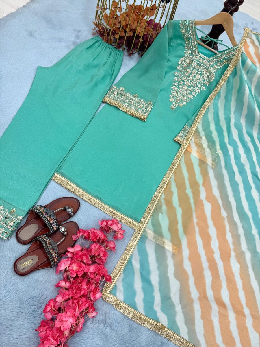 Pure Crunchy Silk Embroidered Party Wear Suit with Sharara & Dupatta - 001FASHIONFORWARD