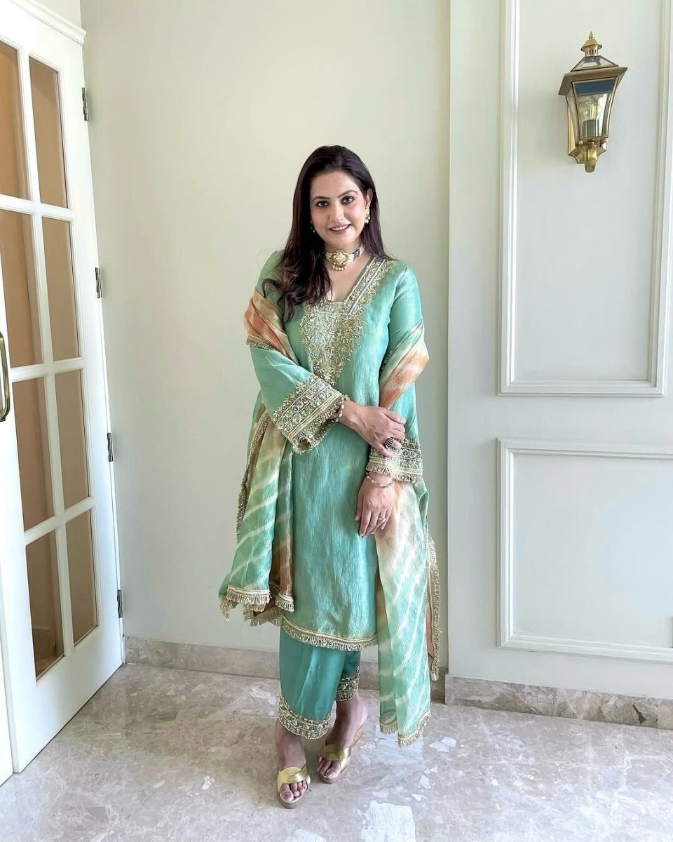 Pure Crunchy Silk Embroidered Party Wear Suit with Sharara & Dupatta - 001FASHIONFORWARD