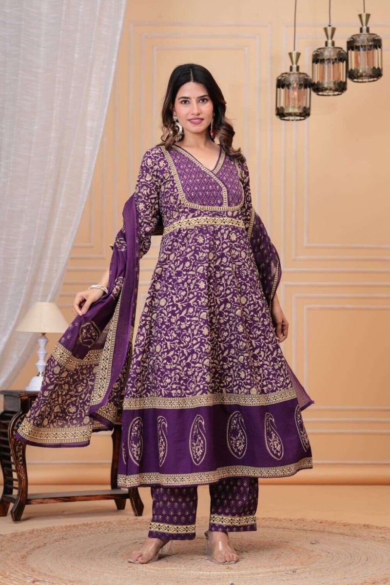 Pure handblocked anarkali full flared kurta with handwork Women's Cotton 3 pc - 001FASHIONFORWARD