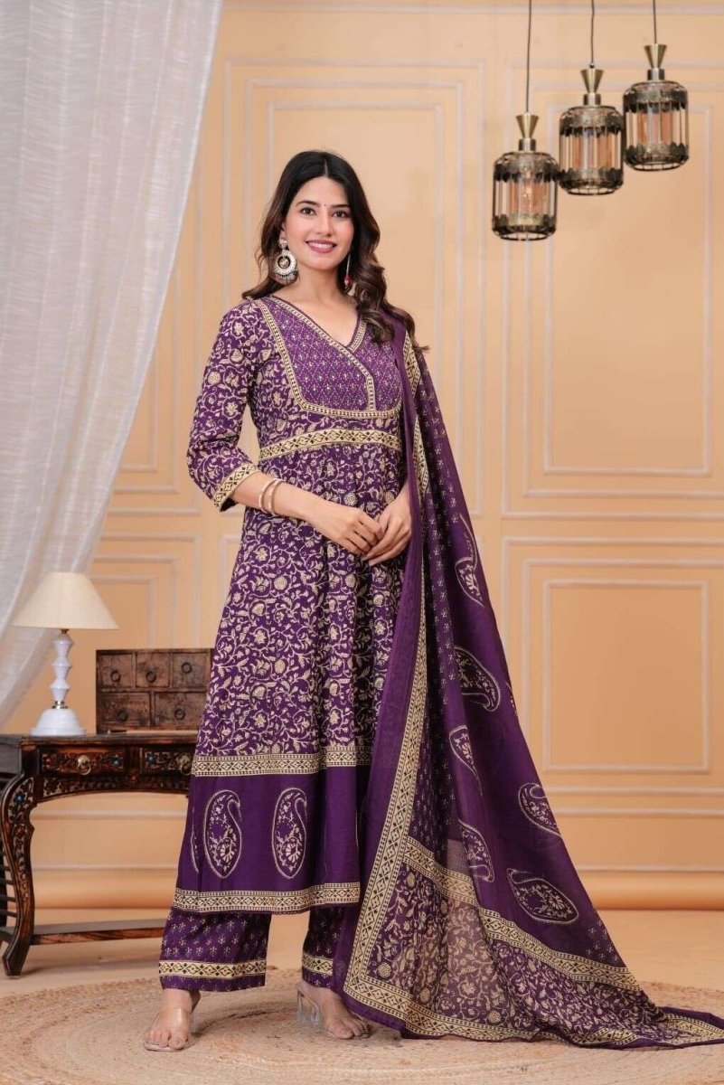 Pure handblocked anarkali full flared kurta with handwork Women's Cotton 3 pc - 001FASHIONFORWARD