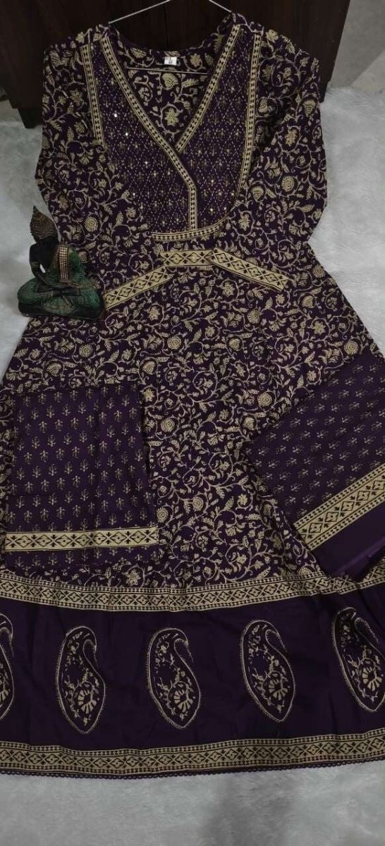 Pure handblocked anarkali full flared kurta with handwork Women's Cotton 3 pc - 001FASHIONFORWARD