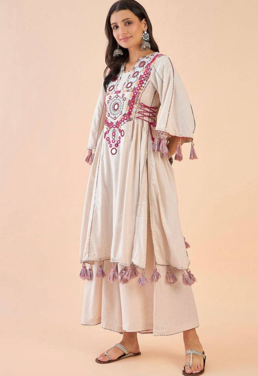 Pure Khadi Cotton Sequence work Indian Anarkali Gown co - ord Set – Party Wear (Ready - Made) - 001FASHIONFORWARD