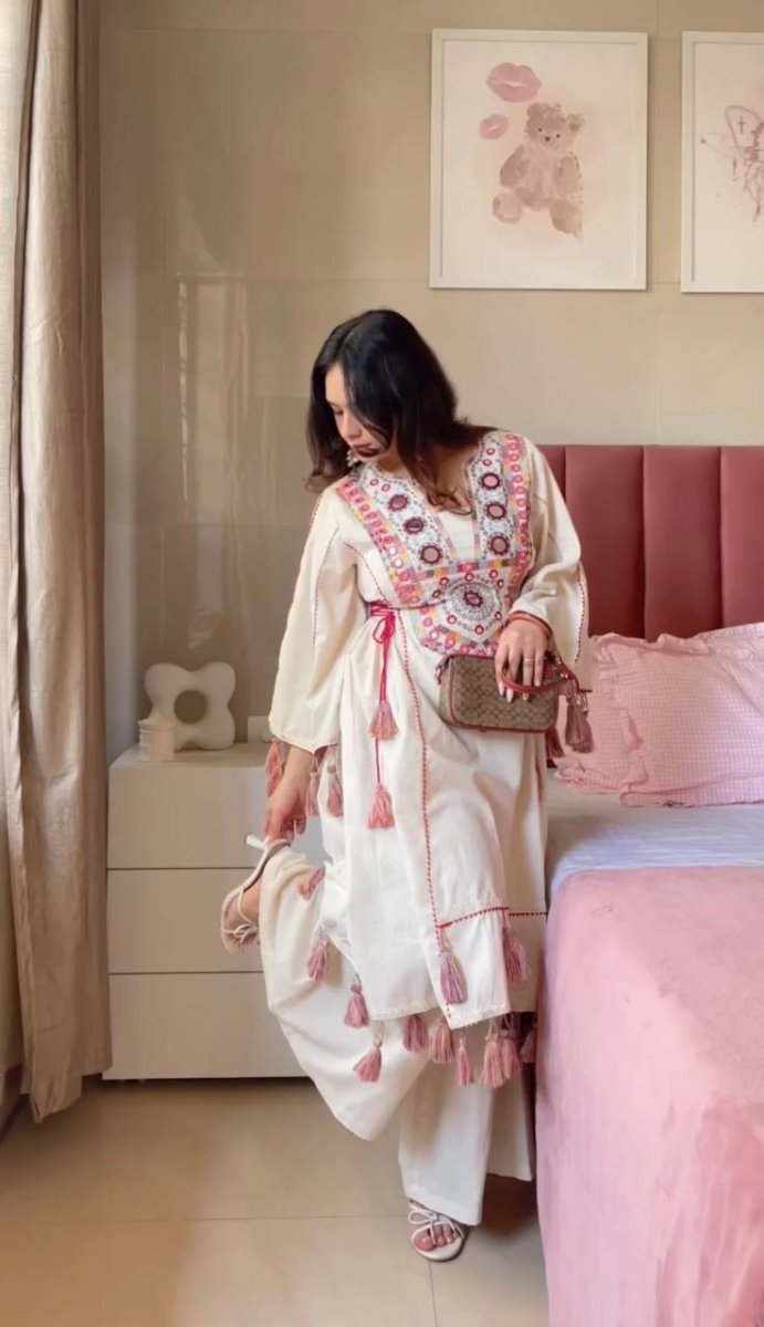 Pure Khadi Cotton Sequence work Indian Anarkali Gown co - ord Set – Party Wear (Ready - Made) - 001FASHIONFORWARD