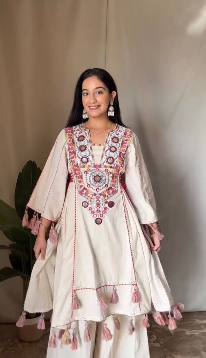 Pure Khadi Cotton Sequence work Indian Anarkali Gown co - ord Set – Party Wear (Ready - Made) - 001FASHIONFORWARD