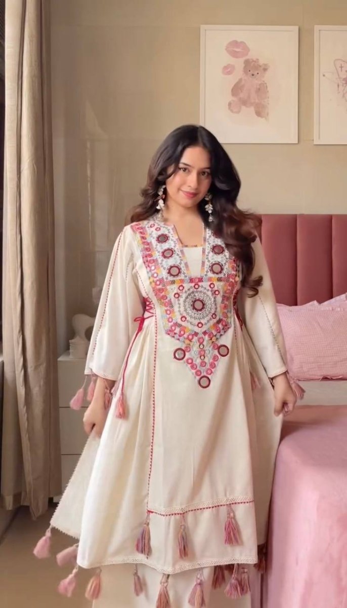 Pure Khadi Cotton Sequence work Indian Anarkali Gown co - ord Set – Party Wear (Ready - Made) - 001FASHIONFORWARD
