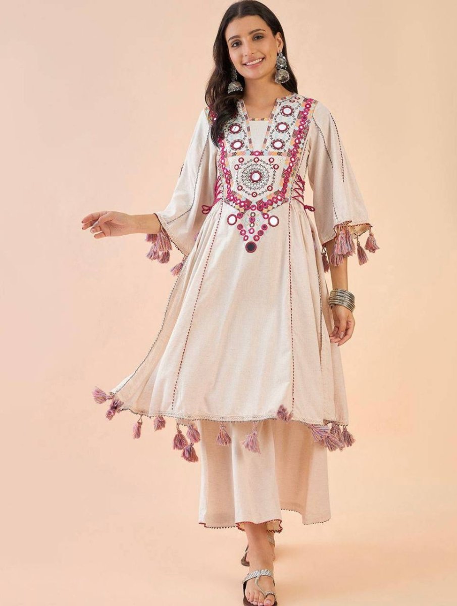 Pure Khadi Cotton Sequence work Indian Anarkali Gown co - ord Set – Party Wear (Ready - Made) - 001FASHIONFORWARD