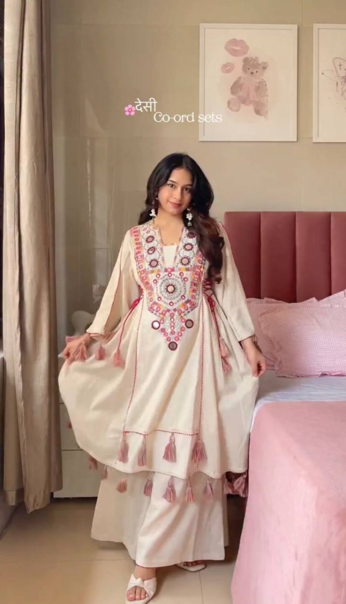 Pure Khadi Cotton Sequence work Indian Anarkali Gown co - ord Set – Party Wear (Ready - Made) - 001FASHIONFORWARD