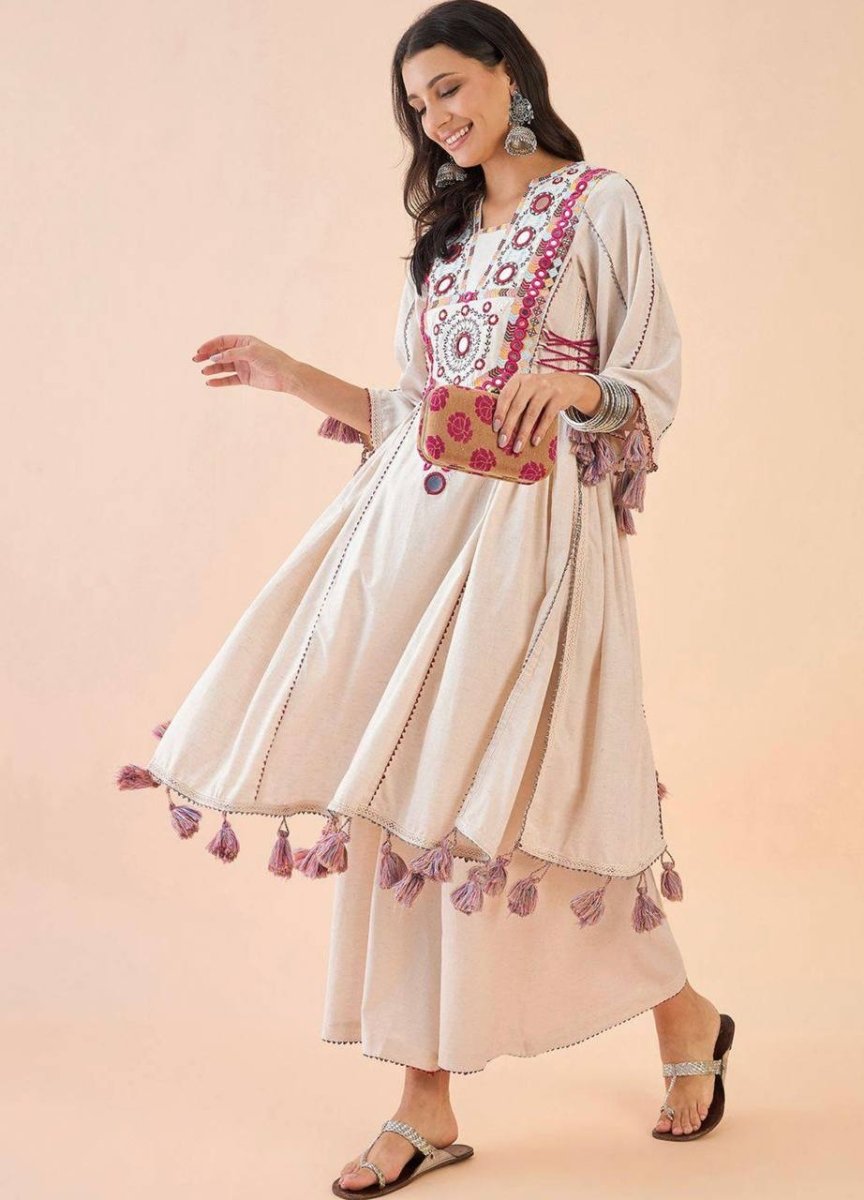 Pure Khadi Cotton Sequence work Indian Anarkali Gown co - ord Set – Party Wear (Ready - Made) - 001FASHIONFORWARD