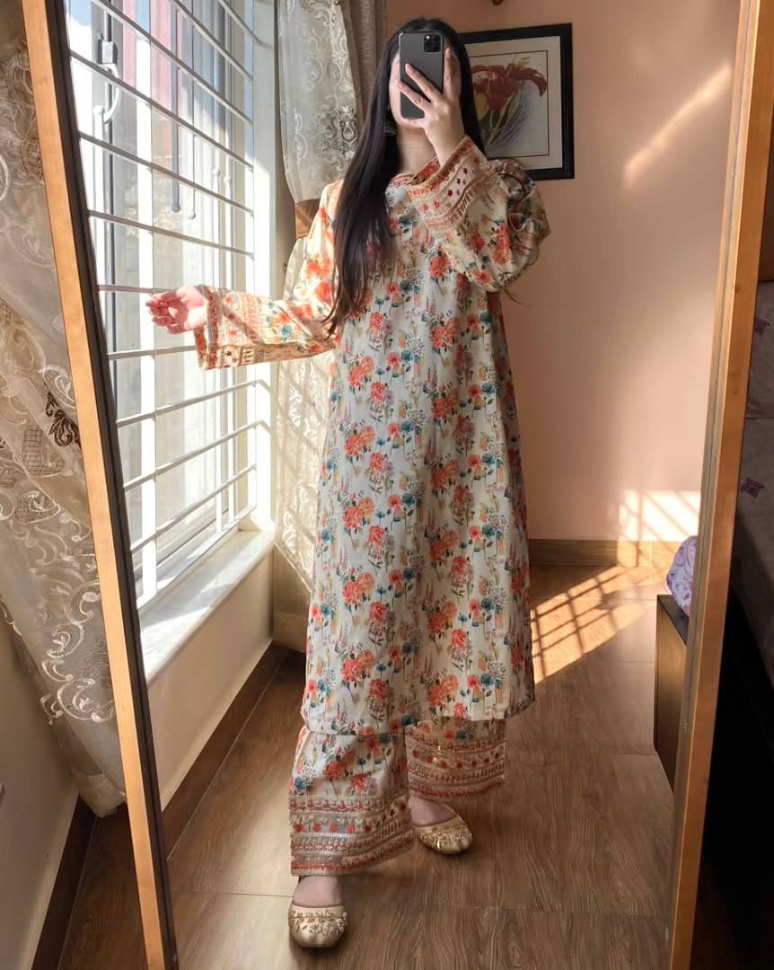 Pure Natural Roman Silk with Digital Print 2 pcs Co - ord set - 001FASHIONFORWARD