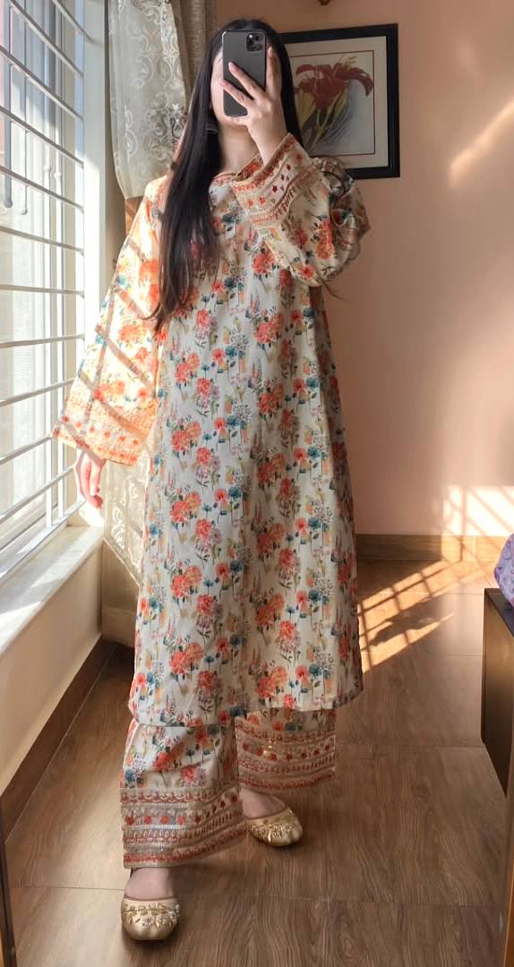 Pure Natural Roman Silk with Digital Print 2 pcs Co - ord set - 001FASHIONFORWARD
