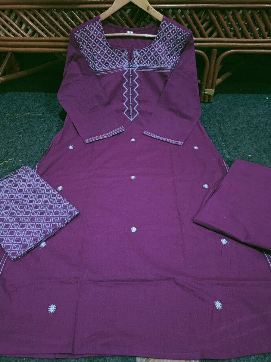 Purple color Embroidered salwar kameez suit , Kurti Pant Duppatta set For summer - 001FASHIONFORWARD