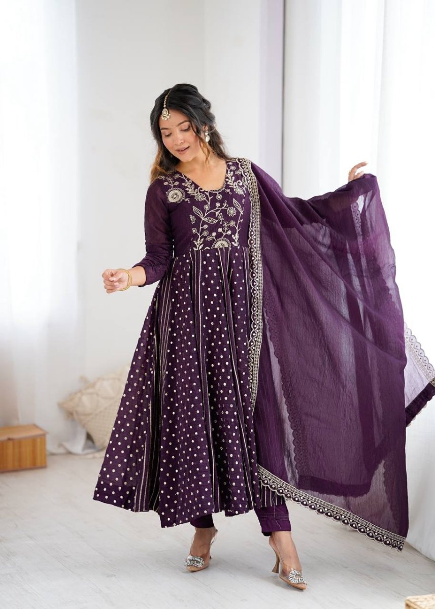 Purple Crunchy Silk Anarkali Gown With Sequence Embroidery - 001FASHIONFORWARD