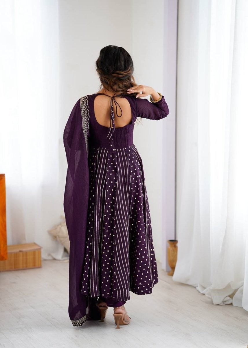 Purple Crunchy Silk Anarkali Gown With Sequence Embroidery - 001FASHIONFORWARD