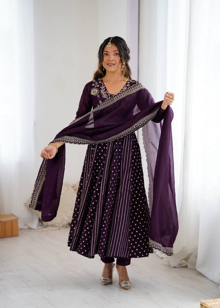 Purple Crunchy Silk Anarkali Gown With Sequence Embroidery - 001FASHIONFORWARD