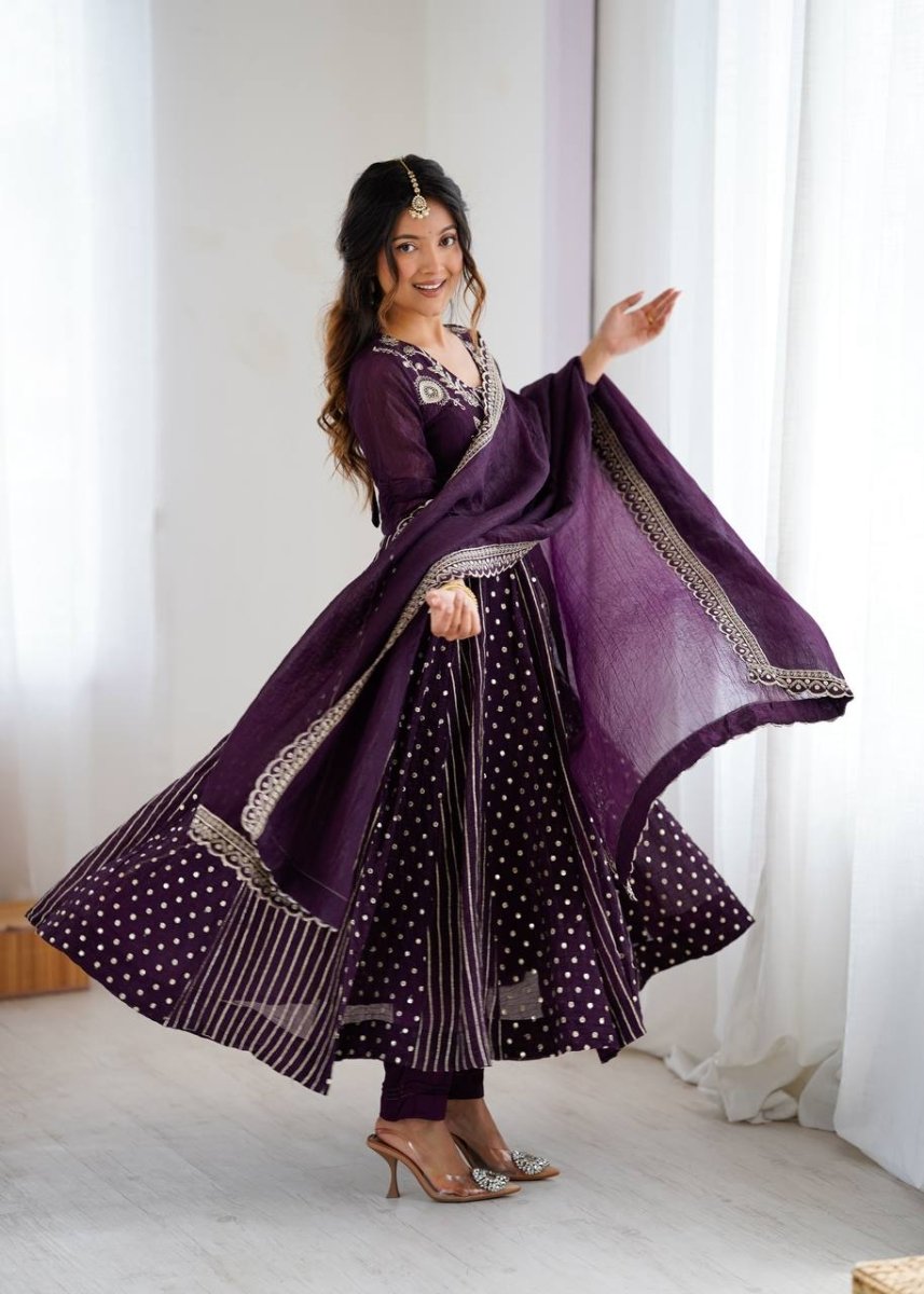 Purple Crunchy Silk Anarkali Gown With Sequence Embroidery - 001FASHIONFORWARD