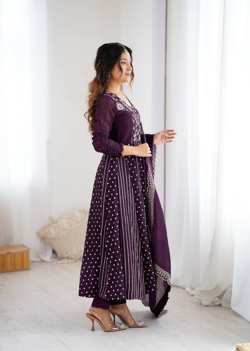 Purple Crunchy Silk Anarkali Gown With Sequence Embroidery - 001FASHIONFORWARD