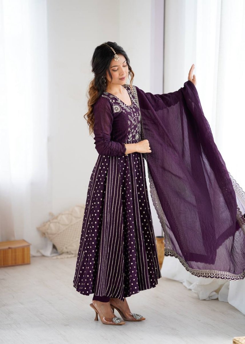 Purple Crunchy Silk Anarkali Gown With Sequence Embroidery - 001FASHIONFORWARD