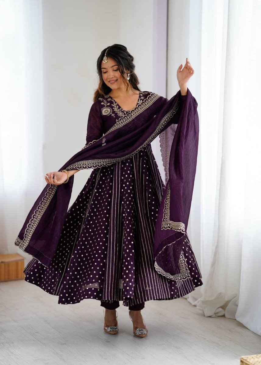 Purple Crunchy Silk Anarkali Gown With Sequence Embroidery - 001FASHIONFORWARD