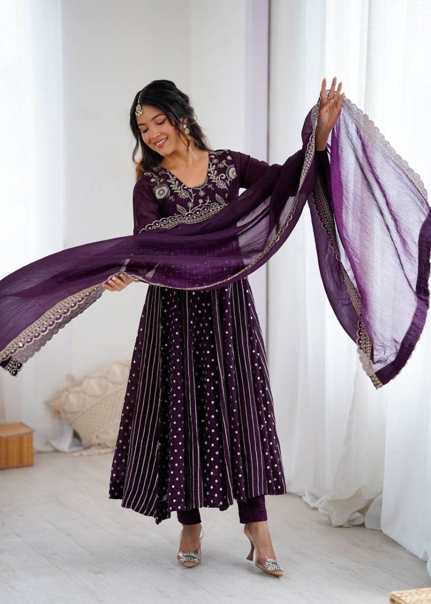 Purple Crunchy Silk Anarkali Gown With Sequence Embroidery - 001FASHIONFORWARD