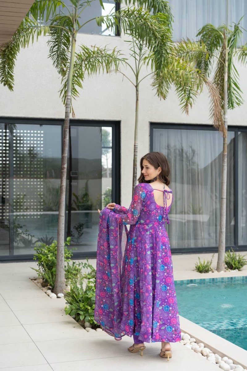 Purple Floral Print Organza Silk Anarkali Gown With Pant & Duppatta - 001FASHIONFORWARD