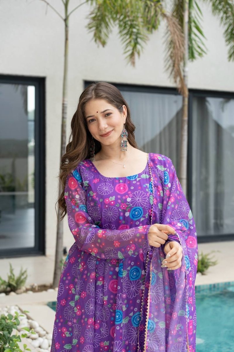 Purple Floral Print Organza Silk Anarkali Gown With Pant & Duppatta - 001FASHIONFORWARD